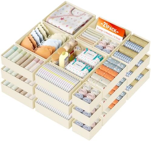 DIMJ Drawer Organizer Clothes, 21 Pack Dresser Organizer, Foldable Closet Organizers and Storage, Fabric Dresser Bins, Drawer Dividers for Nursery, Baby Clothes, Underwears, Sock by DiMJ