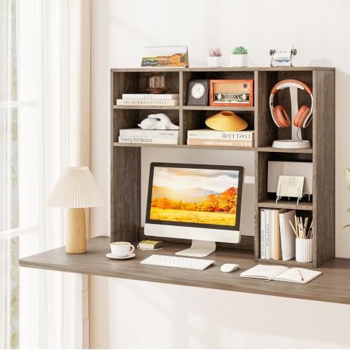 DREAMADE Desk Hutch, 37" Wooden Desktop Bookshelf with 7 Cubes, Grey Oak - Image 2