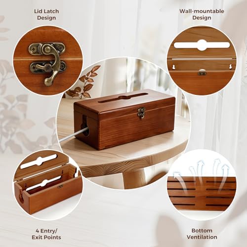 Large Cable Management Box with Clasp, Soild Wood Cord Box with 4 Open Slots, Cable Box to Hide Cords and Power Strip - Image 7