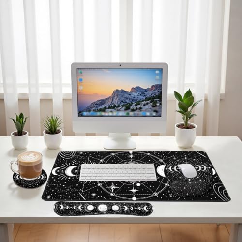 Moon Phase Desk Mat Set Celestial Astrology Black White Large Mouse Pad with Wrist Rest 4in1 Desk Mat for Desktop Ergonomic Computer Desk Arm Wrist Anti-Slip Computer Mouse Pad Home Office Gaming - Image 6
