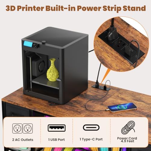 3D Printer Table with Storage, Heavy Duty Metal 3D Printer Stand with Filament Storage Drawer & Power Hub, Large Capacity 3D Printer Desk for Workshop, Studio & Home Office(Brown) - Image 3