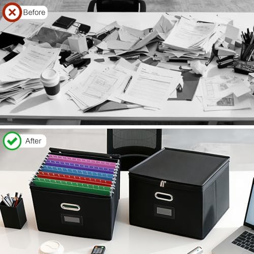4 Pack File Organizer Boxes with Lids, Collapsible Document Storage Bin with Mesh Pockets & Zipper, Fits Letter/Legal Size Folders for Home Office Classroom Organization (Black, No Folders) - Image 6