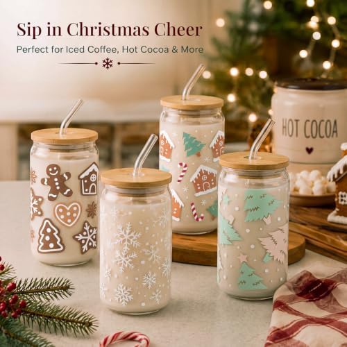 12 Sets Christmas Glass Cups Gifts 16 oz Cute Christmas Tree Glass Cups Gingerbread House Tumbler Snowflake Iced Coffee Cup with Lids and Straws for Women Coworkers Birthday Xmas Party Favors - Image 2