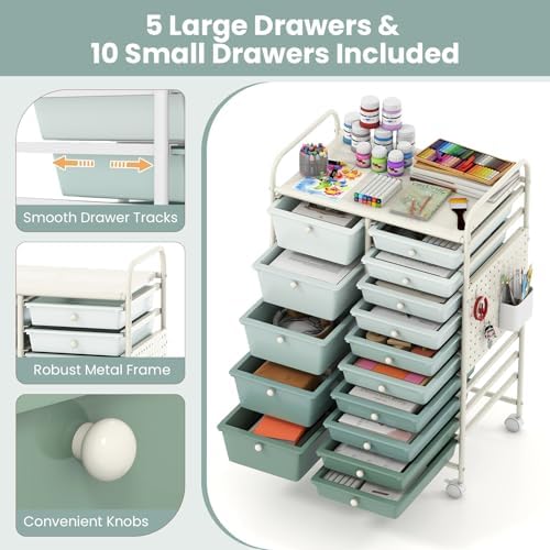 Giantex 15 Drawer Storage Cart, Rolling Craft Cart with Metal Tabletop & Pegboard, Mobile Utility Organizer Trolley with Locking Wheels, Home Office, Classroom, Teacher Supplies, Green Gradient - Image 6