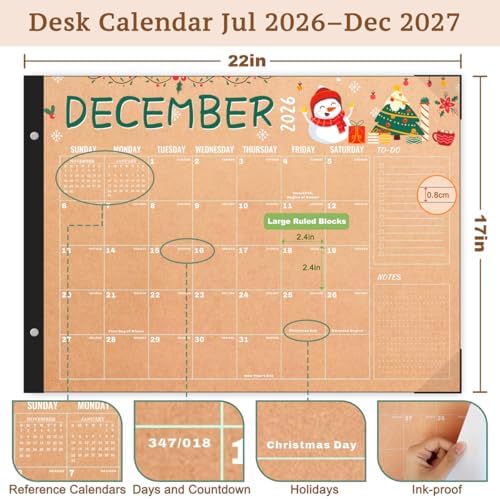 Desk Calendar 2026-2027, Large 22"x17", 18 Months from July 2026 to December 2027, Desktop Calendar with Plastic Cover and Colorful Stickers, Ideal for Home, Office, and School Planning, Doodle Kraft (July.2026-Dec.2027) - Image 3