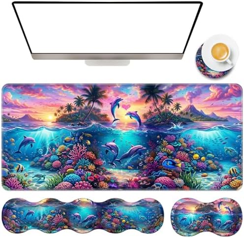 TGFEWYTJYJ Extended Gaming Mouse Pad,Memory Foam Ergonomic Keyboard Mouse Wrist Rest Support Set,Large Desk Mat with Stitched Edges,Non-Slip Base Mousepad Home Office,Dolphin Dream Underwater by GFEWYTJYJ