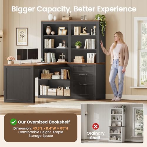 SEDETA Farmhouse L Shaped Computer Desk, 59'' Wood Office Desk with 3 Drawers and 5-Tier Bookshelf, Corner Desk with Storage Shelves and Power Outlet for Home Office Small Space, Black + Brown - Image 4