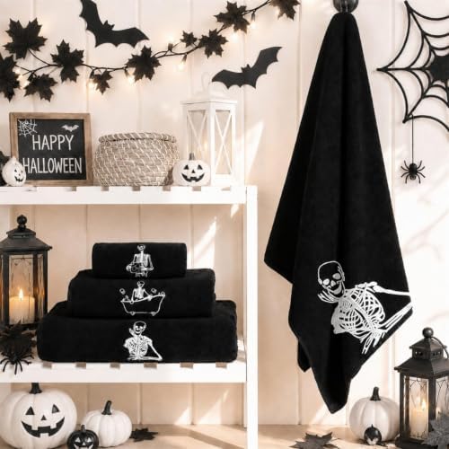 Peryiter 3pcs Halloween Skeleton Bath Towels Black White Decor for Bathroom - Image 4