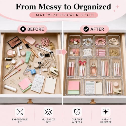 Adjustable Clear Drawer Storage Organizer, 16 Pack 3 Sizes Expandable Plastic Storage Boxes for Kitchen, Bathroom, Vanity, Office, Makeup, Desk and Closet Organization - Image 6