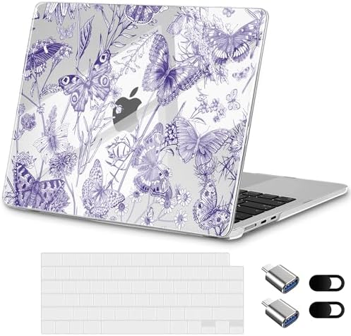 for New MacBook Air 13 inch Case 2026 M5 2025 M4 2024 M3 M2 Chip– Aesthetic Lightweight Cute Design Clear Hard Shell 6-in-1 Bundle with TPU Keyboard Cover & 2X OTG Adapters,Butterfly Purple by Loyrina