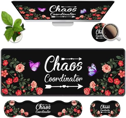 4 in 1 Ergonomic Memory Foam Mouse Pad Wrist Rest Set, Large Gaming Desk Pad + Keyboard Wrist Rest + Mouse Wrist Cushion + Coaster for Home Office Study Gaming, Colored Floral Quote Chaos Coordinator by Unknown