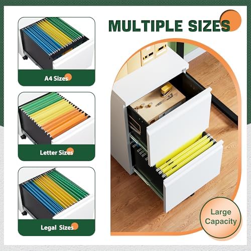 Letaya 2 Drawer Mobile File Cabinet with Lock,Under Desk Metal Filing Cabinets for Home Office Organizer Letters/Legal/A4(Fully Assembled-White) - Image 6