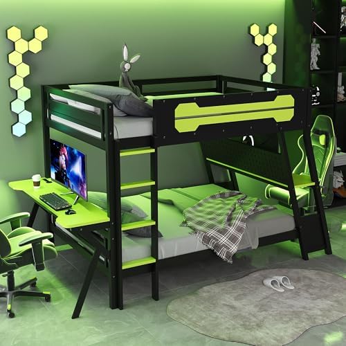 Polibi Full Over Full Bunk Bed with 2 Built-in Gaming Desks, USB Charging Ports & Pegboard Organizer, Heavy-Duty Gaming Bed Frame for Teens/Adults, Green (Full Size) - Image 7
