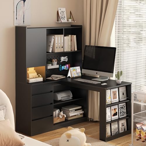 51.6" L Shaped Computer Desk with Drawers for Home Office, Black by Varelynn