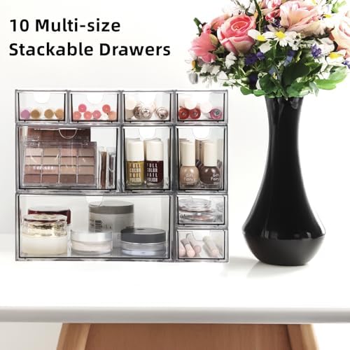 Acrylic Makeup Organizer, 10 Drawers Clear Storage Organizer Desktop Stackable Storage Drawers, Plastic Organizer Bins for Makeup, Stationery, Cosmetics, Vanity, Bathroom,Cabinet,Pantry Office Desk - Image 4