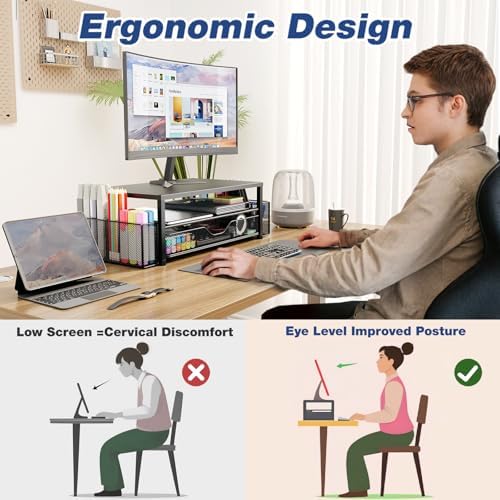 OPNICE Desk Organizer and Accessories, 2-Tier Computer Monitor Stand Riser with Drawer and 2 Pen Holders, Laptop Stand, Office Desk Accessories for Office Supplies, Black 2-Pack - Image 2