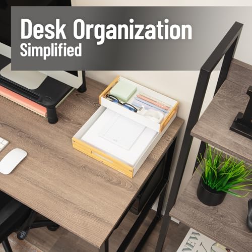Mind Reader Metal and Wood Tiered Desktop Organizer Trays with Cutout Handles, Stackable Office Storage, Office, Entryway, Coffee Station and Home Organization, Metal and Wood, Set of 2, White - Image 2