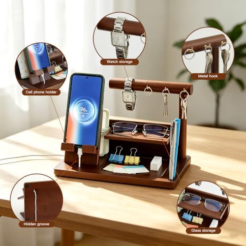 Wood Phone Docking Station for Men - Desktop Nightstand Organizer - Birthday Gifts for Men, Husband, Dad - Anniversary Ideas from Wife - Key Holder, Stand Wallet, Watch & Essentials for Bedroom Office - Image 3