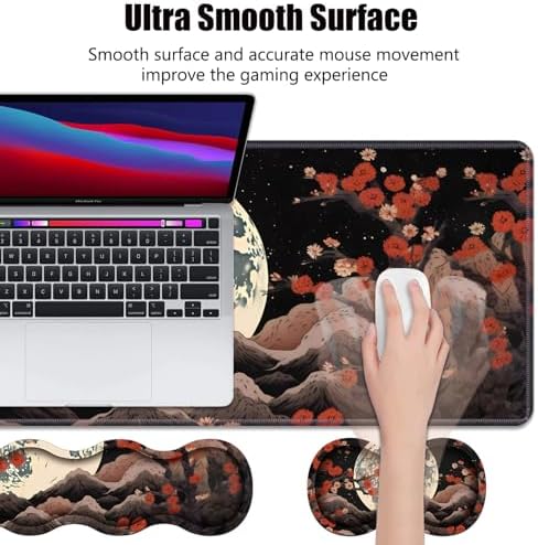 4 in 1 Ergonomic Memory Foam Mouse Pad Wrist Rest Set, Large XXL Gaming Desk Pad + Keyboard Wrist Rest + Mouse Wrist Cushion + Coaster for Home Office Study Gaming, Moon Peak Flowers - Image 3