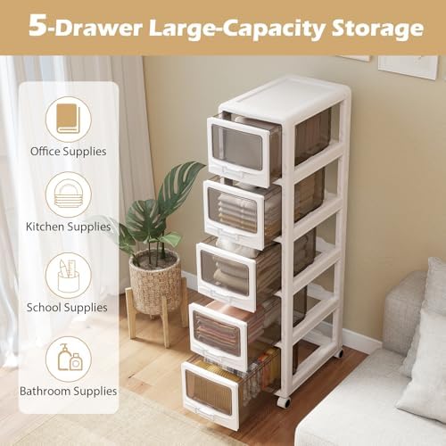Giantex 5-Tier Rolling Storage Cart, Utility Cart with 5 Drawers & Lockable Wheels for School Art Craft Supplies, Plastic Organizer and Storage for Kitchen, Bedroom and Home Office - Image 5