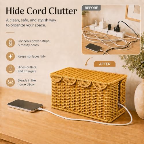Cable Management Box, Faux Rattan Cord Organizer Basket for Power Strips - Image 2