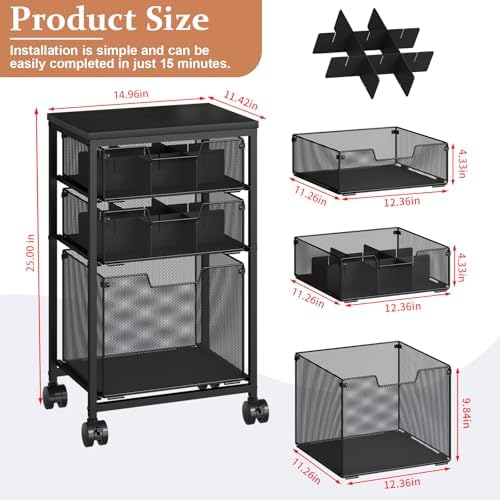 Sbanmao Rolling File Cart with 3 Drawers, File Cabinet with DIY Divider, Hanging Folder Holder Organizer with Wheels, Under Desk Storage Utility Cart, Printer Stand for Home Office, Black - Image 2