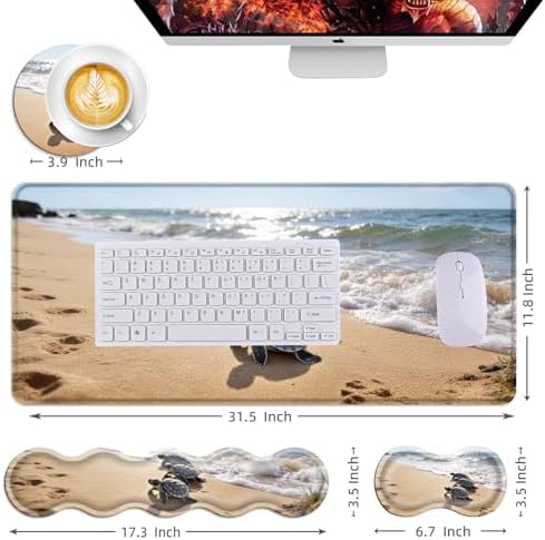 Mouse Pad,Large Desk Mat Set, 4in1 XL Mousepad + Keyboard Wrist Rest+Mouse Wrist Rest+Coaster with Ergonomic Desk Pad for Home Office Table Computer Cover -Beautiful Sea Turtle Beach - Image 6