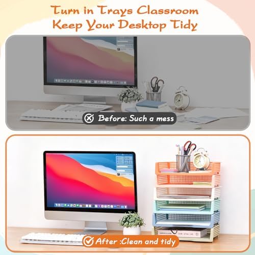 ZZYFGH 6 Pack in Trays for Teachers, Plastic Classroom Paper Organizers, Colorful Storage Baskets for Office, Stackable Office Desktop Document Paper Storage(13.4 * 9.5 * 2.7in) - Image 5