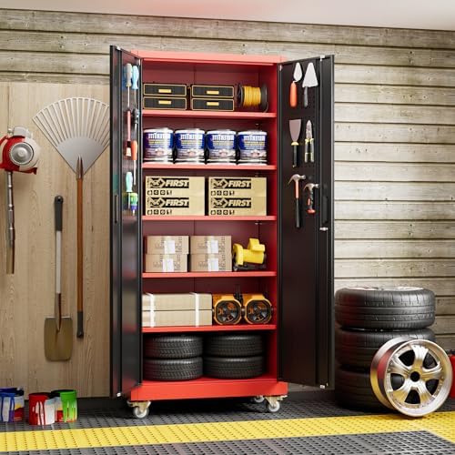SUXXAN Garage Storage Cabinet with Pegboard,5 Adjustable Shelves,Black-red - Image 2