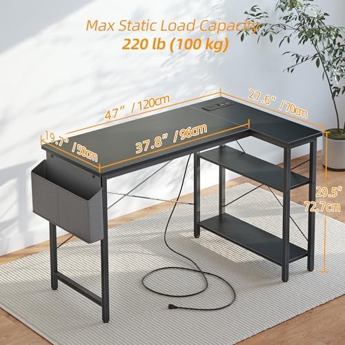 TIQLAB L Shaped Computer Desk with Power Outlets, 47 Inch Small Corner Desk with Reversible Shelves, Gaming Desk Computer Table Study Writing Table for Home Office Bedroom Small Space, Black - Image 3
