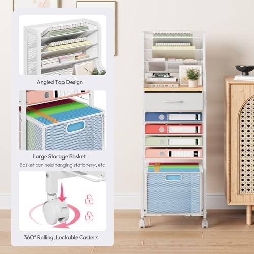 SWTYMIKI 10-Tier Rolling File Cart - Mesh Paper Organizer with Drawer and Hanging File Folders on Lockable Wheels, Rolling File Cabinet for Office Organization, Storage in Home, Studio, School, White - Image 6