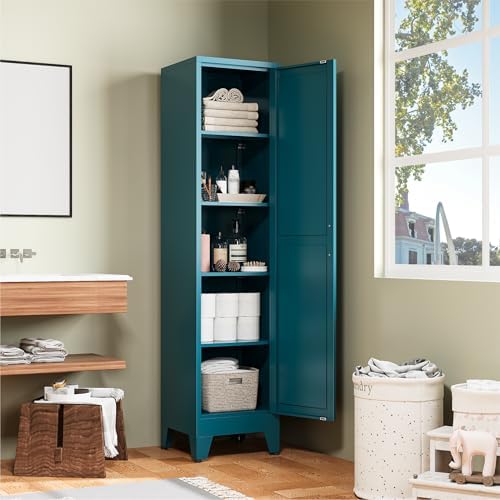 COFaR 67" Metal Narrow Storage Cabinet, Peacock Blue Slim Storage Cabinet with Magnetic Door & 4 Adjustable Shelves, Slim Freestanding Cupboard for Bathroom, Kitchen - Image 3