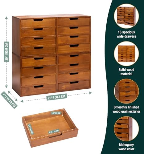 Stackable Modular 4-Pack 16 Drawer Desktop Storage Organizer in Modern Wood Design (20”x7”x 20”) Stackable Drawers For School Office - Crystals, Scrapbook Organization - Declutter Countertop - Image 4