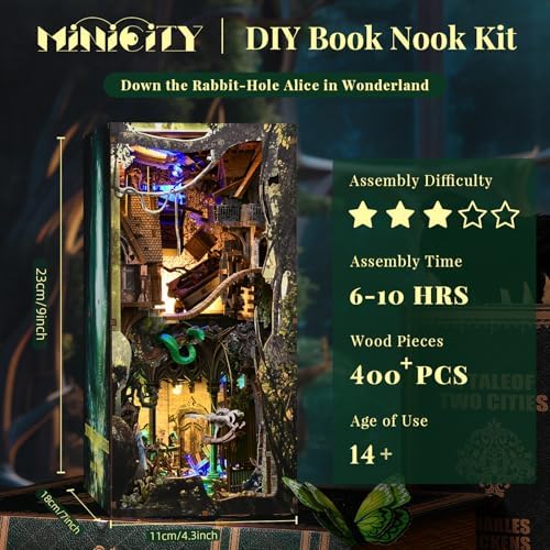 MiniCity Down the Rabbit Hole DIY Book Nook Kit, Bookshelf Insert with LED - Image 2
