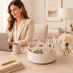 Aesthetic PU Leather Rotating Desk Storage Organizer, Beige - Image 2