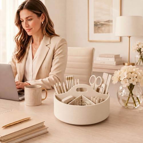 Aesthetic PU Leather Rotating Desk Storage Organizer, Beige - Image 2