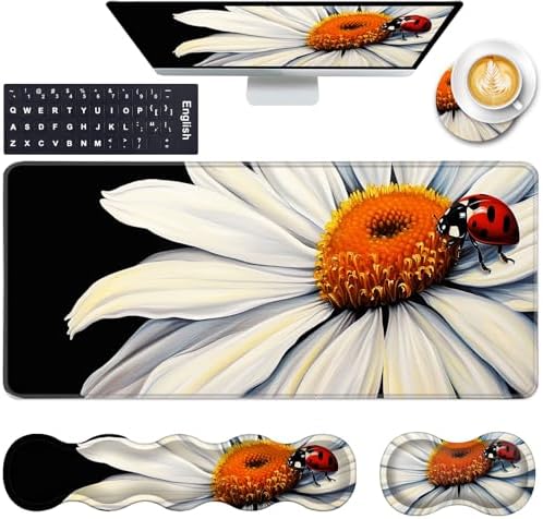 Keyboard Wrist Rest and Mouse Pad with Wrist Support Set Ergonomic Coaster,Memory Foam,Easy Typing Pain Relief,Large XL Desk Mat 31.5"x 11.8",Ladybug on Daisy Flower by CICPLKSE