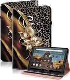 for Kindle Fire HD 10 Case 9th/7th/5th Generation 10.1 Inch (2019/2017/2015), PU Leather Wallet Cover with Pen Holder, Elastic Band & Card Slots for Kindle Fire HD 10 Case - Metallic Flower by TUOLISG