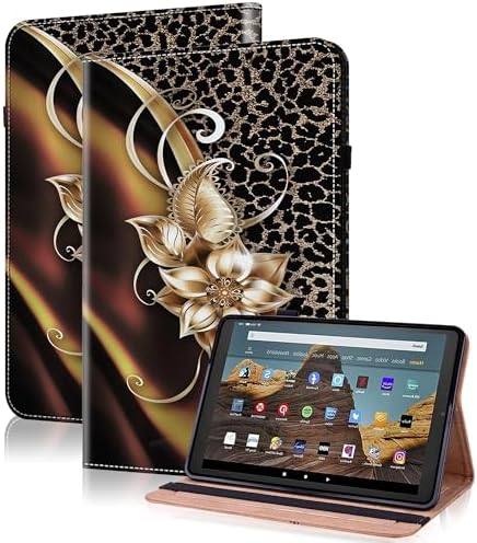 for Kindle Fire HD 10 Case 9th/7th/5th Generation 10.1 Inch (2019/2017/2015), PU Leather Wallet Cover with Pen Holder, Elastic Band & Card Slots for Kindle Fire HD 10 Case - Metallic Flower by TUOLISG