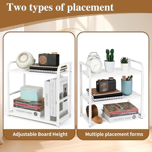Desktop Shelf Organizer Office Desk Shelf for Top of Desk Wood & Metal Bookshelf Supplies Storage Rack (White) - Image 5