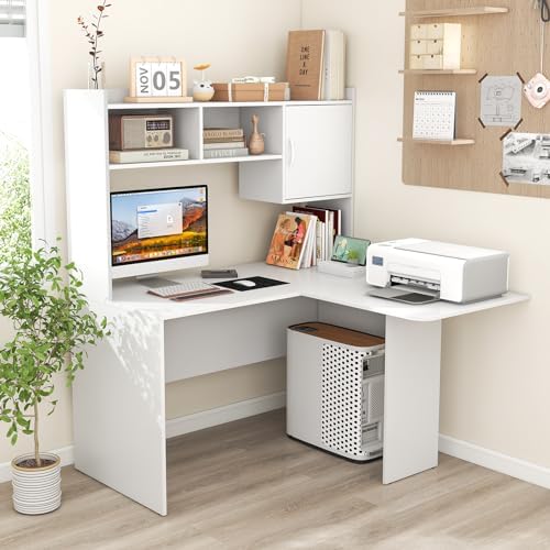 GIANTEX L Shaped Desk with Hutch, White Corner Desk with Storage Shelf & Cabinet, Laptop PC Table Gaming Computer Table Workstation, Modern Executive Study Writing Desk for Home Office, Bedroom - Image 2