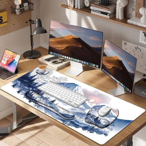 4 in 1 Large Mouse Pad, Keyboard Wrist Rest Set, Ergonomic Mouse Pad with Wrist Support, Desk Mat with Stitched Edges Extended Desk Pad Waterproof Desk Mat for Home Office Game I Snowy Mountain Sun - Image 7