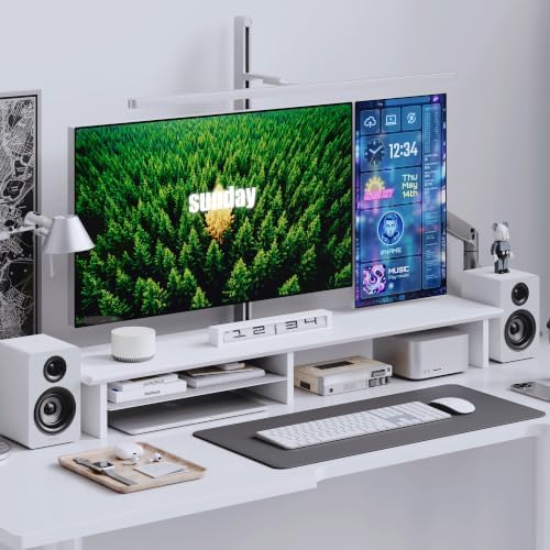 FENSULN Dual‑Tier Monitor Stand for Minimalist Wooden and Metal Riser Shelf Desktop Stands Organizer with Underneath Storage for Dual Monitors, Laptops, Home Office Aesthetic White - Image 2