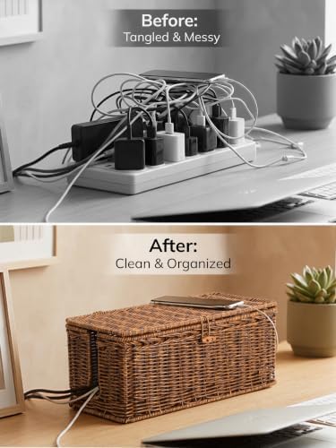 BROWNLILY Cable Management Box, Rattan Style Cord Organizer for Desk Cord Hider Outlet Covers for Power Strip Router Charger Under Desk Storage with Lockable Lid & Cable Ties(Braided Edging,Brown,Set) - Image 5