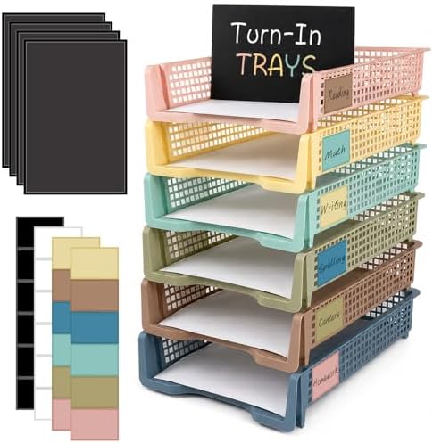 Set of 6 Boho Turn in Trays with Label Stickers for Teachers Stackable Classroom Paper Letter Trays Plastic Classroom Desk Letter Organizer Tray Storage Baskets for Library, Drawers, Office, Home by CHUNNIN