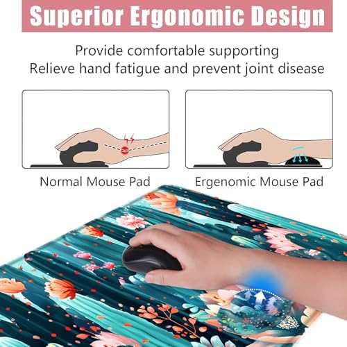 Large Keyboard Mouse Pad Set, Extended Mouse Pad+Keyboard Wrist Rest Support, Memory Foam Ergonomic Easy Typing, 4Pcs (31.5×11.8 in) Desk Pad Set for Office Home,Cute Cactus Blooming Flowers - Image 5