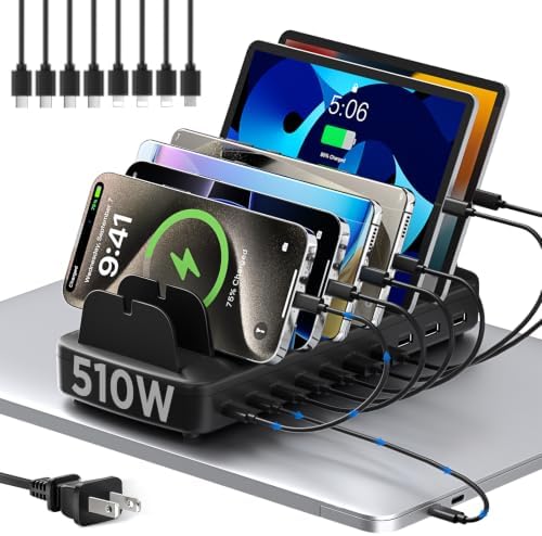 510W Fast Charging Station for Multiple Devices, 10 Port USB C Charger Station with Flame-Retardant Material & 8 Cables for iPhone, Android, iPad, Tablets, Family Office Desk Charging Dock Organizer by COTOP