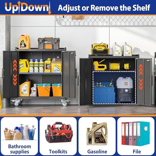 GAIOUS 35.6'' Tall Metal Garage Storage Cabinet with Wheels,Rolling File Cabinet with Lock and Adjustable Shelves,Outdoor Steel Tool Cabinet for Home,Office,Garage,Black - Image 3
