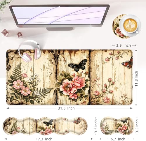 Large Keyboard Mouse Pad Set, Extended Mouse Pad+Keyboard Wrist Rest Support, Memory Foam Ergonomic Easy Typing, 4Pcs (31.5×11.8 in) Desk Pad Set for Office Home,Butterfly Peony - Image 6