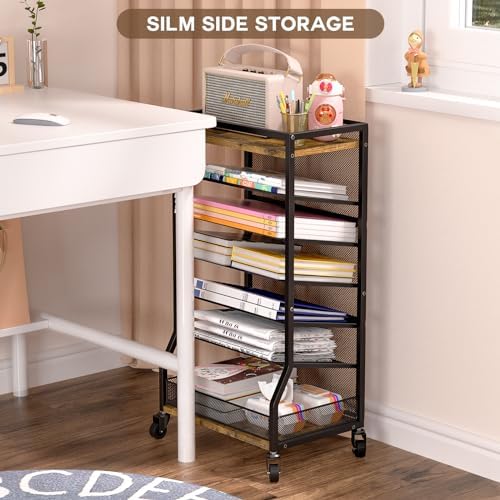 ThreeHio 7 Tier Rolling File Cart with Sliding Trays, Wood Metal File Organizer Beside Desk, Free-Standing File Holder, Paper Letter Tray Organizer Mesh Desk Organizer for Home Office School (Patent) - Image 6